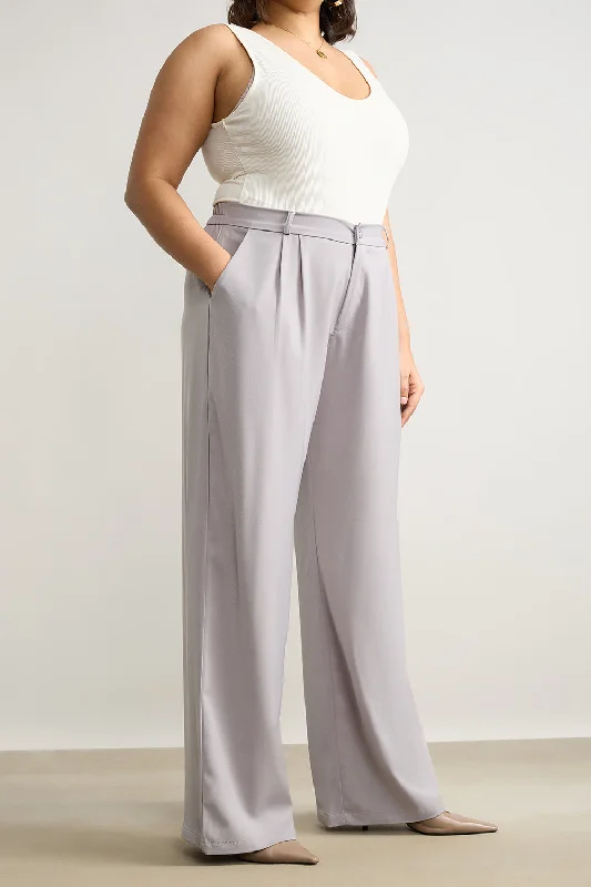 Light Grey Pleated Straight Fit Curve Korean Pant