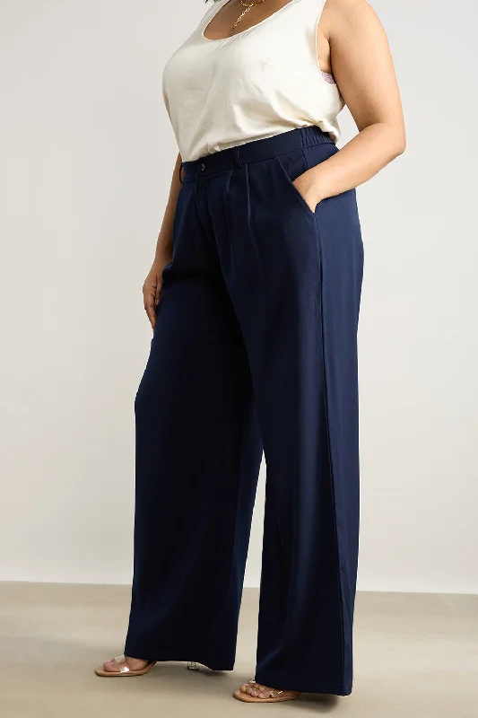 Women's Curve Pleated Navy Blue Korean Pant