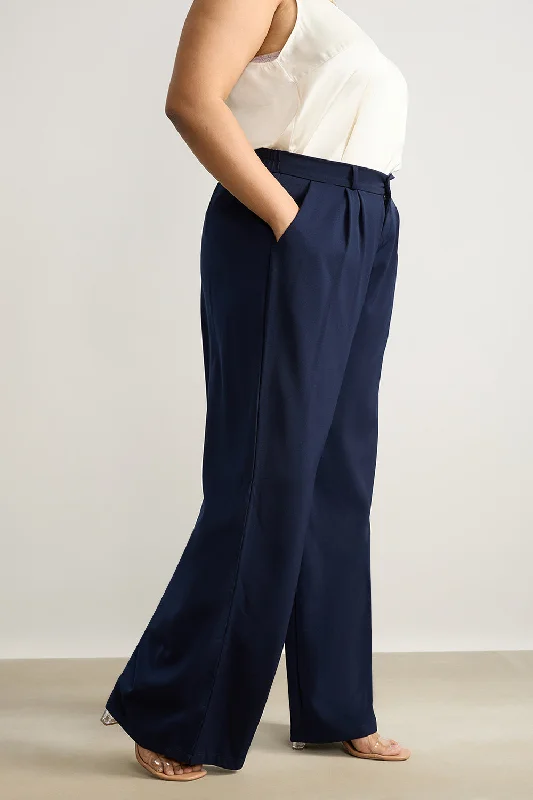 Women's Curve Pleated Navy Blue Korean Pant