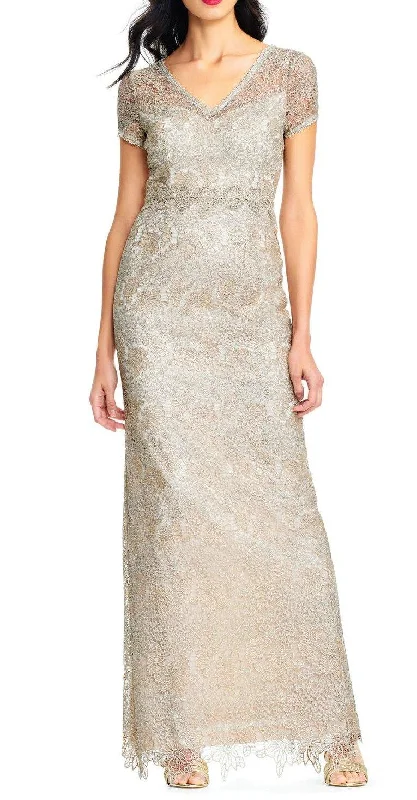 Shop Early, Save Big!Shop Early, Save Big!Adrianna Papell AP1E202688 Short Sleeve Slit Back Metallic Lace Dress Shop Early, Save Big!Shop Early, Save Big!Adrianna Papell AP1E202688 Short Sleeve Slit Back Metallic Lace Dress