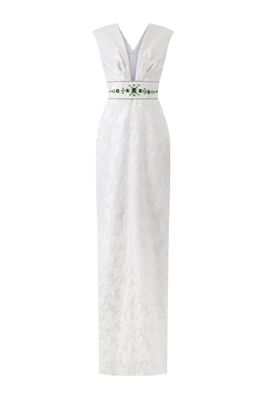 Shop Before It’s Gone!Shop Before It’s Gone!Animus Pegged Sleeveless Jacquard Floor Length Dress Shop Before It’s Gone!Shop Before It’s Gone!Animus Pegged Sleeveless Jacquard Floor Length Dress