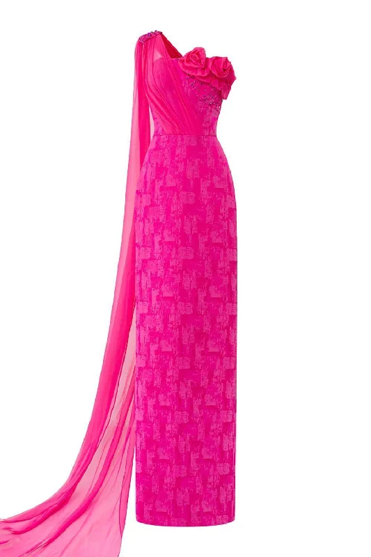 Get Ready to Save!Get Ready to Save!Aspira Pegged One Shoulder Brocade Floor Length Dress Get Ready to Save!Get Ready to Save!Aspira Pegged One Shoulder Brocade Floor Length Dress