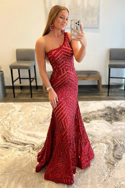 Limited Time Offer!Limited Time Offer!Dark Red One Shoulder Sequined Mermaid Prom Dress Limited Time Offer!Limited Time Offer!Dark Red One Shoulder Sequined Mermaid Prom Dress