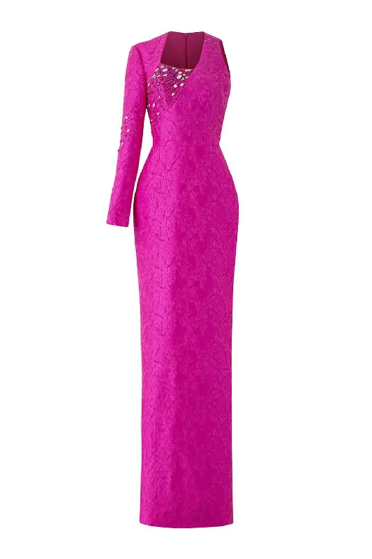 Shop Early, Save Big!Shop Early, Save Big!Elysian Sheath Asymmetric Sleeved Jacquard Floor Length Dress Shop Early, Save Big!Shop Early, Save Big!Elysian Sheath Asymmetric Sleeved Jacquard Floor Length Dress