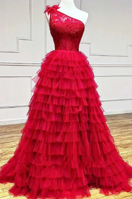 Act Fast – Limited Time Savings!Act Fast – Limited Time Savings!Red One Shoulder Corset Tiered Long Prom Dress with Ruffles Act Fast – Limited Time Savings!Act Fast – Limited Time Savings!Red One Shoulder Corset Tiered Long Prom Dress with Ruffles