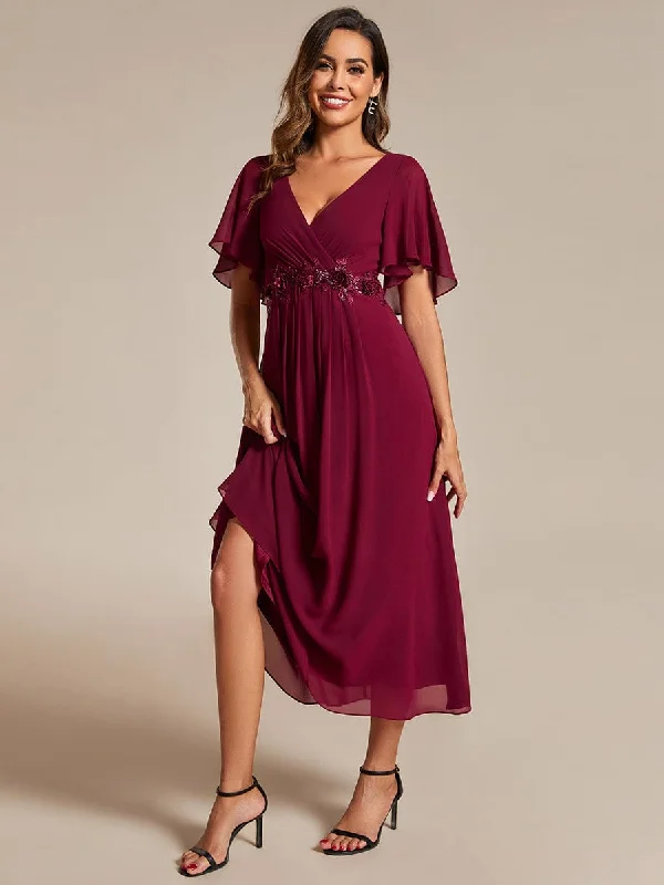 Your Dream Deal is Here!Your Dream Deal is Here!Short Sleeves V-Neck Tea Length Wedding Guest Dress with Floral Applique Your Dream Deal is Here!Your Dream Deal is Here!Short Sleeves V-Neck Tea Length Wedding Guest Dress with Floral Applique