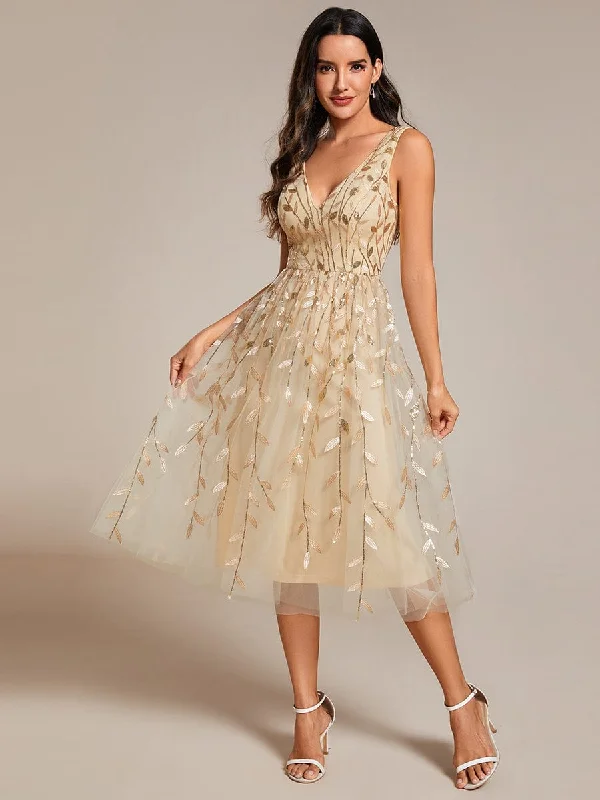 Get It Before It’s Gone!Get It Before It’s Gone!V-Neck Leaf Sequined Sleeveless A-Line Midi Wedding Guest Dress Get It Before It’s Gone!Get It Before It’s Gone!V-Neck Leaf Sequined Sleeveless A-Line Midi Wedding Guest Dress