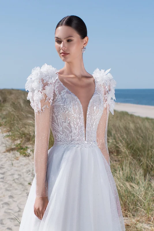 Limited-Time Price Drop!Limited-Time Price Drop!Fabulous Long Sleeve A-Line Wedding Gown with 3D Flowers on the Shoulder Limited-Time Price Drop!Limited-Time Price Drop!Fabulous Long Sleeve A-Line Wedding Gown with 3D Flowers on the Shoulder