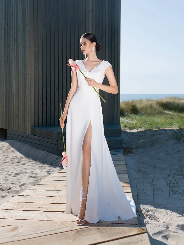 Buy One, Get One Free!Buy One, Get One Free!Minimalist V-Neck Cap Sleeve Wedding Dress with a Slit Buy One, Get One Free!Buy One, Get One Free!Minimalist V-Neck Cap Sleeve Wedding Dress with a Slit