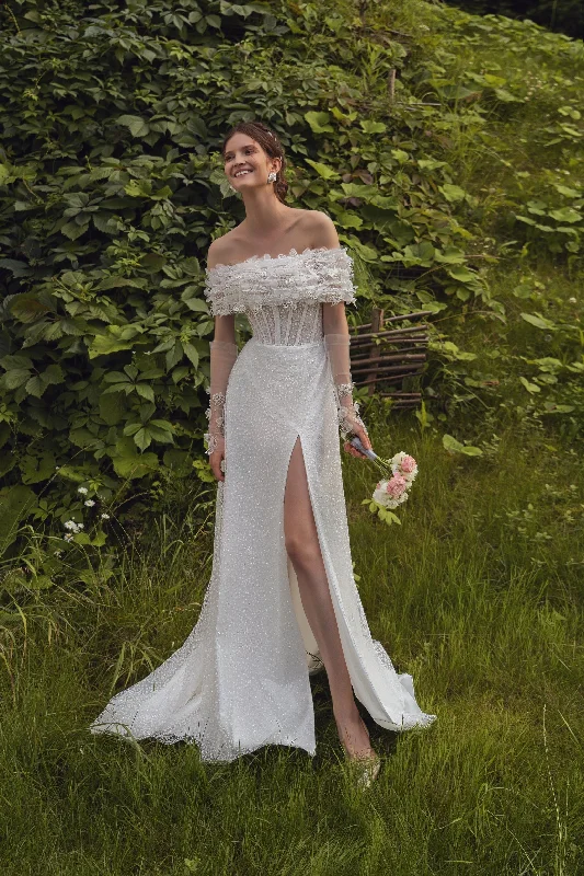 Save Like Never Before!Save Like Never Before!Off-the-shoulder Glitter Wedding Dress with a Front Slit Save Like Never Before!Save Like Never Before!Off-the-shoulder Glitter Wedding Dress with a Front Slit