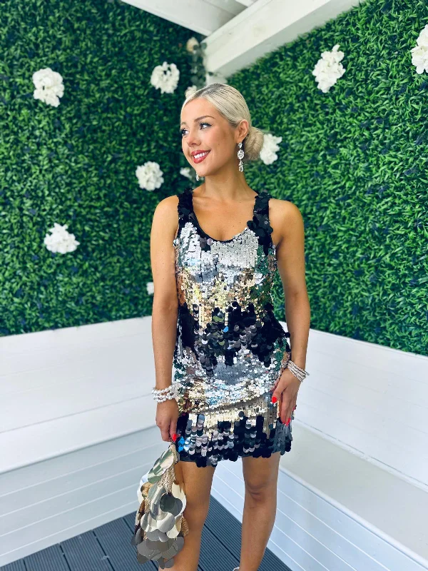 Shop Now and Save!Shop Now and Save!Abbi Large Sequin Detail Mini Dress Black Gold