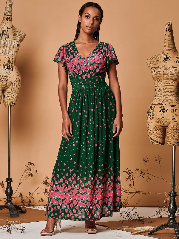 One Click Away from Big Savings!One Click Away from Big Savings!Carlii Symmetrical Print Mesh Maxi Dress, Green Floral