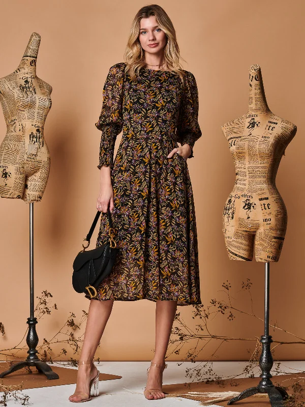 Only a Few Left – Order Now!Only a Few Left – Order Now!Chiffon Maxi Dress with Shirred Cuffs, Black Leafy Only a Few Left – Order Now!Only a Few Left – Order Now!Chiffon Maxi Dress with Shirred Cuffs, Black Leafy