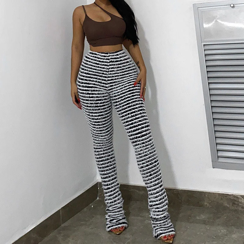 Score Huge Discounts Today!Score Huge Discounts Today!Contrast Black and White Striped Eyelash Knit High Rise Fitted Elongator Pants