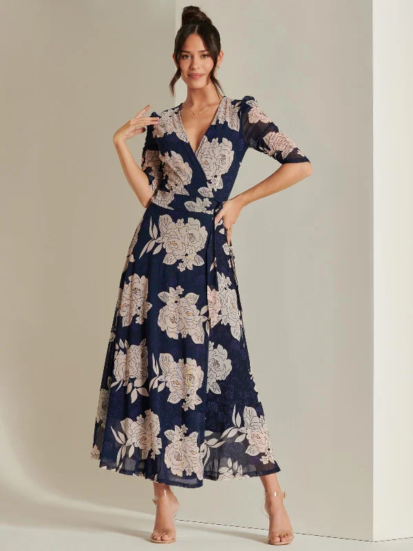 Time to Save Big!Time to Save Big!Daliyah Wrap Front Mesh Maxi Dress, Navy Floral