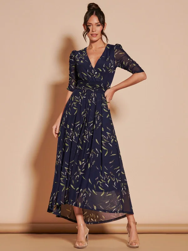 Hurry! While Supplies Last!Hurry! While Supplies Last!Dasha Ruched Sleeved Mesh Maxi Dress, Navy Leafy