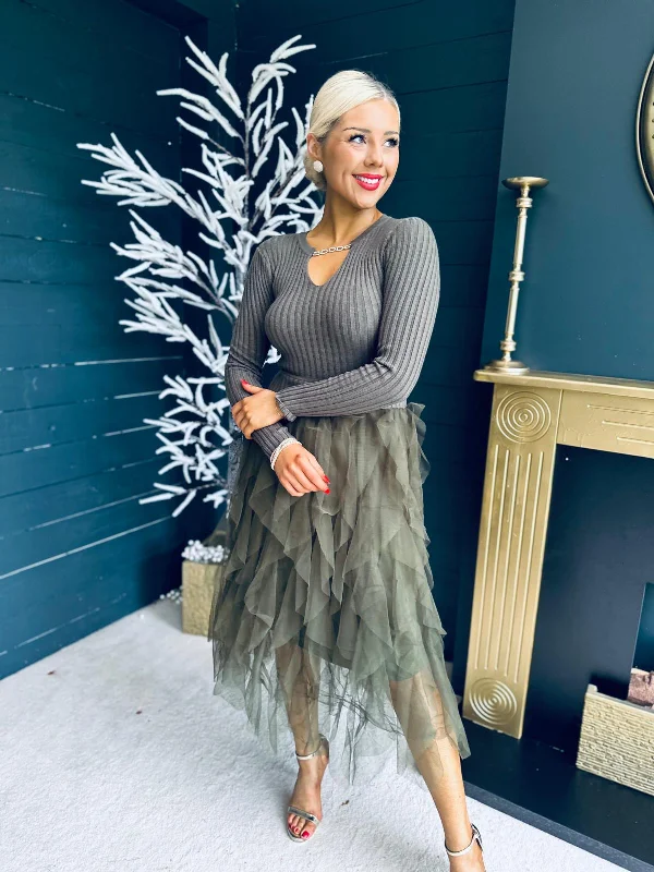 Find the Best Deals Here!Find the Best Deals Here!Flynn Knit & Tulle Dress Khaki