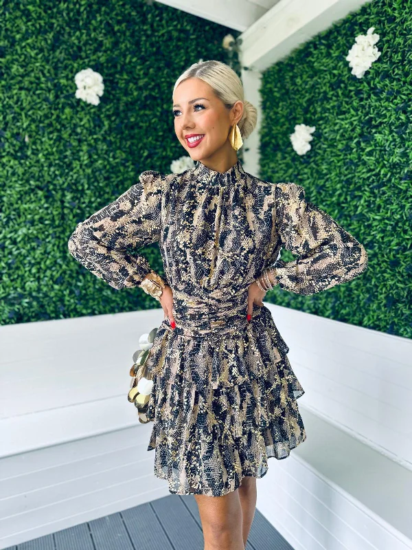 Enjoy Huge Discounts Now!Enjoy Huge Discounts Now!Joan Gold Leaf Mini Dress Snake Print