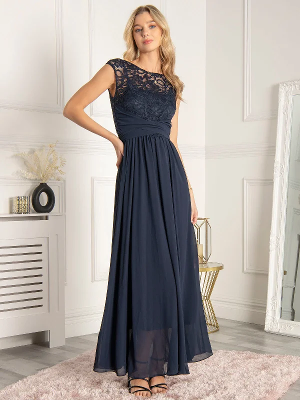 Limited-Time Price Drop!Limited-Time Price Drop!Lace Bodice Chiffon Maxi Bridesmaid Dress, Navy Limited-Time Price Drop!Limited-Time Price Drop!Lace Bodice Chiffon Maxi Bridesmaid Dress, Navy