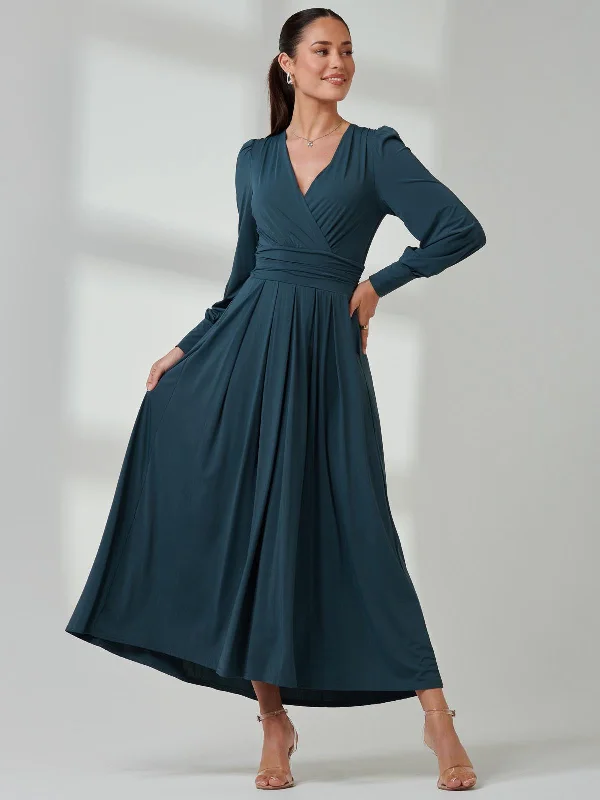 Limited Stock Available!Limited Stock Available!Long Sleeve Soft Silky Jersey Maxi Dress, Dark Teal