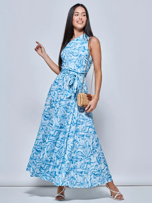 Your Shopping Spree Starts Here!Your Shopping Spree Starts Here!Marble Print One Shoulder Maxi Dress, Blue Multi