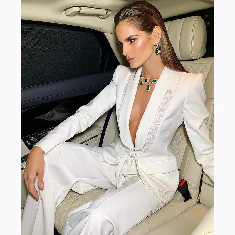 Save More with Every Purchase!Save More with Every Purchase!New Arrivals White Two Pieces Set Long Sleeve Women's Suit Set Office Career Wear Tuxedo Suits Women