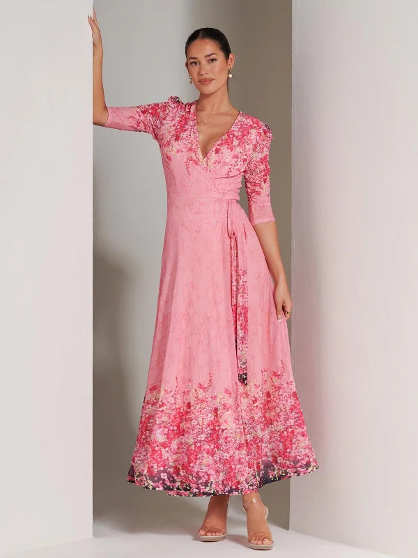 Hurry! While Supplies Last!Hurry! While Supplies Last!Peggy Ruched Sleeve Wrap Mesh Maxi Dress, Pink Multi Hurry! While Supplies Last!Hurry! While Supplies Last!Peggy Ruched Sleeve Wrap Mesh Maxi Dress, Pink Multi