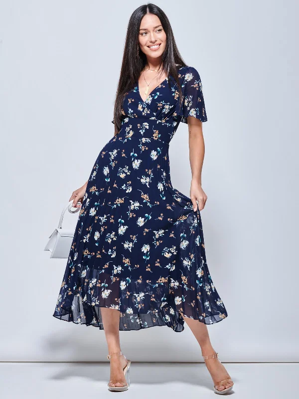 Instant Savings Await!Instant Savings Await!Pleated Chiffon High Low Maxi Dress, Navy Floral Instant Savings Await!Instant Savings Await!Pleated Chiffon High Low Maxi Dress, Navy Floral