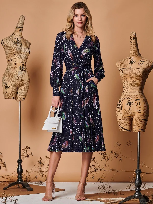 Find the Best Deals Here!Find the Best Deals Here!Wrap Front Long Sleeve Mesh Dress, Navy Feather Find the Best Deals Here!Find the Best Deals Here!Wrap Front Long Sleeve Mesh Dress, Navy Feather