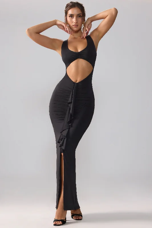 Shop the Hottest Deals!Shop the Hottest Deals!Slinky Jersey Cut Out Ruffle Racerback Maxi Dress in Black
