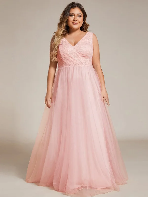 Save Money, Shop Happy!Save Money, Shop Happy!Chic Plus Size Sleeveless V-neck Lace and Tulle Bridesmaid Dress