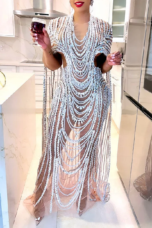 One Click Away from Big Savings!One Click Away from Big Savings!Crystal Glitter Striking Cape Sleeve See-Through Maxi Dress