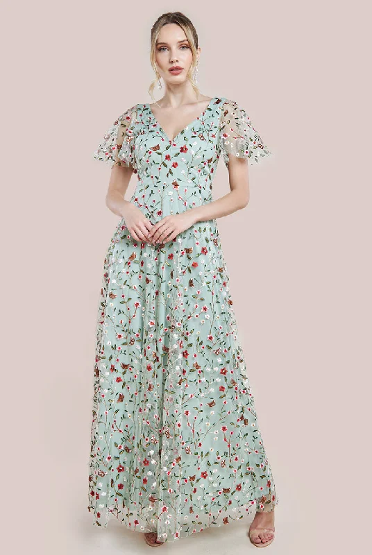 Limited Time Offer!Limited Time Offer!Goddiva Flutter Sleeve Floral Embroidered Maxi - Sage Green