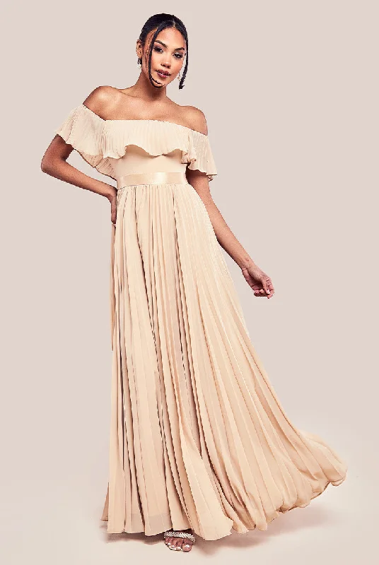 Must-Have Deals Inside!Must-Have Deals Inside!Goddiva Pleated Chiffon Off Shoulder Maxi Dress - Beige