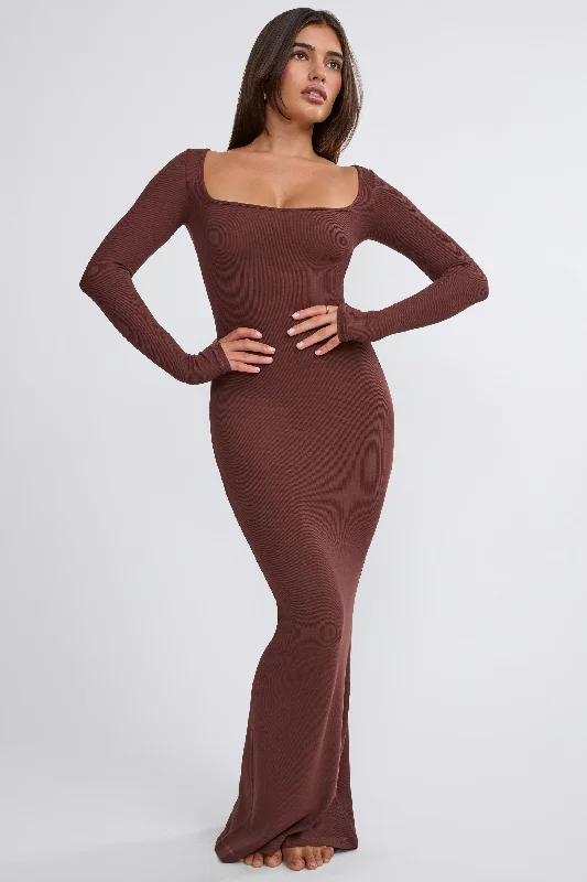 Get More for Less!Get More for Less!Ribbed Modal Long Sleeve Maxi Dress in Chocolate