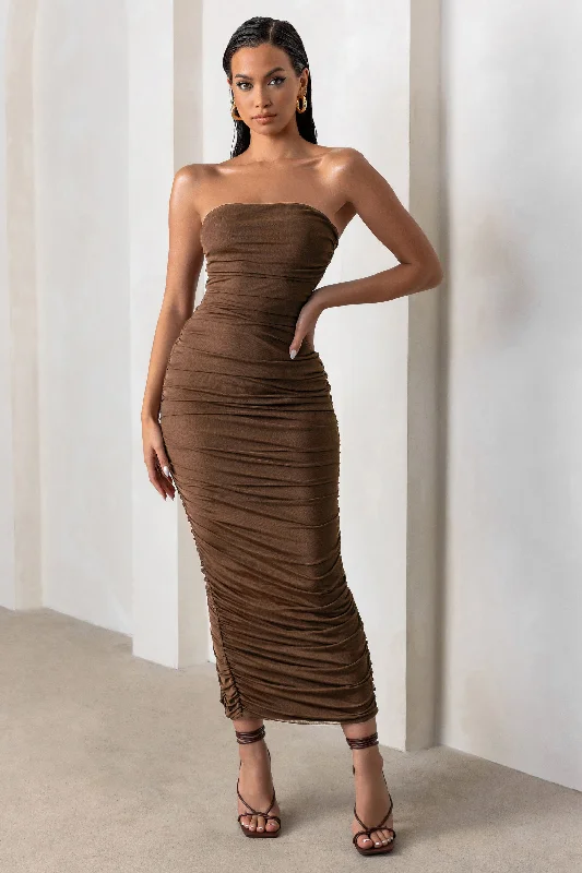 Today’s Deals, Tomorrow’s Regrets!Today’s Deals, Tomorrow’s Regrets!My Lady | Chocolate Brown Strapless Bodycon Ruched Mesh Maxi Dress