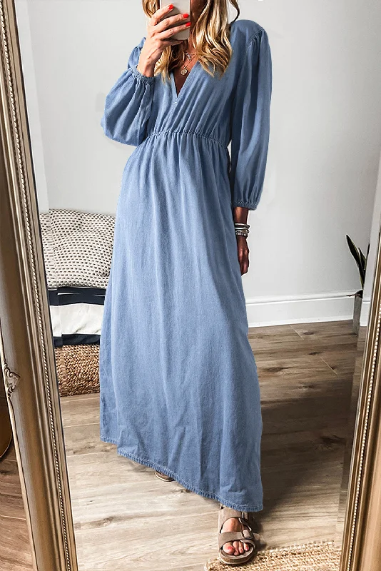 Unlock Huge Savings Now!Unlock Huge Savings Now!Chambray V-Neck 3/4 Sleeve Maxi Dress