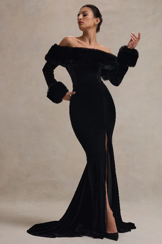 Shop Before It’s Gone!Shop Before It’s Gone!Mystique | Black Bardot Split Maxi Dress With Fur Trims