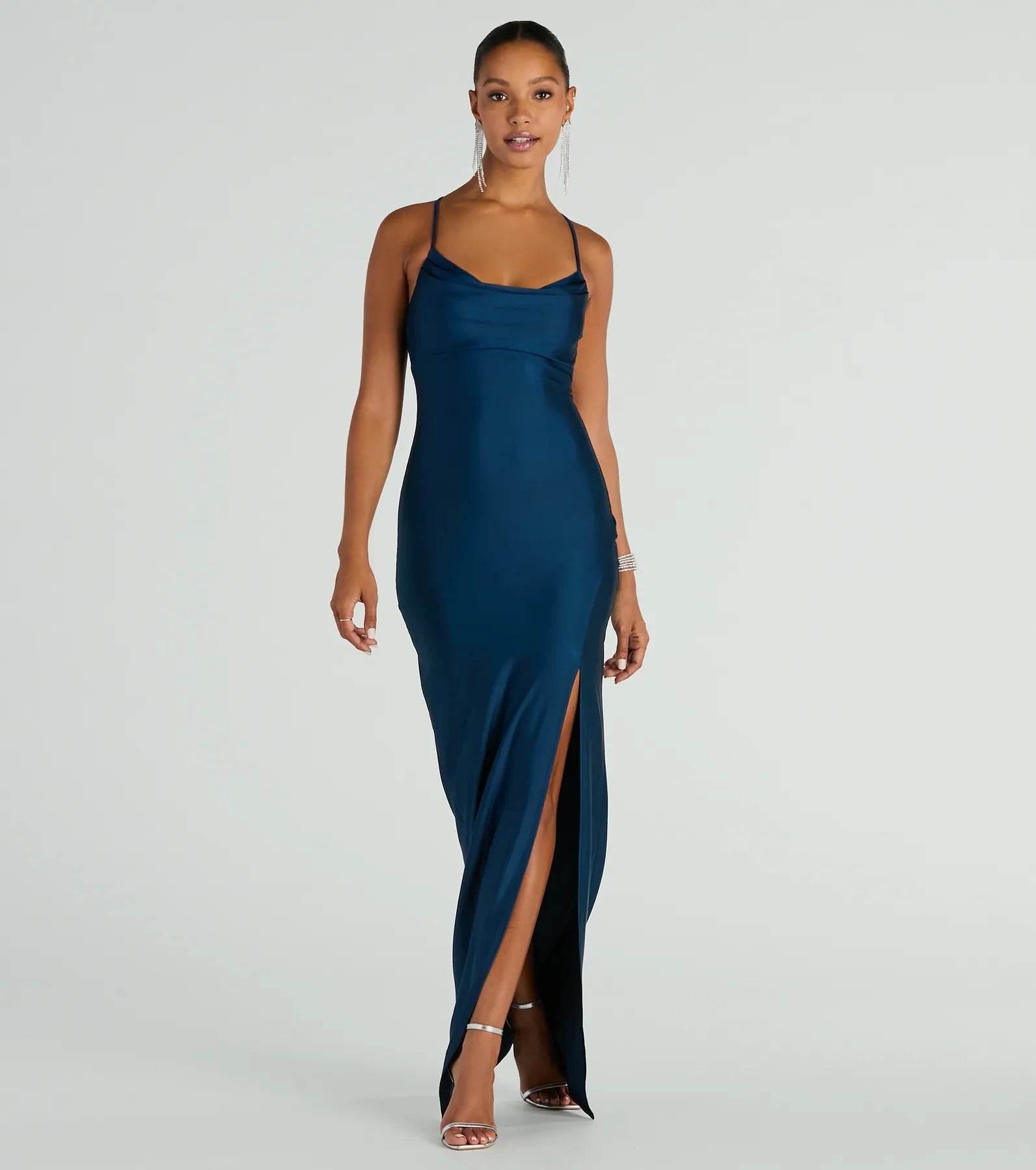 Don’t Wait – Deals Won’t Last!Don’t Wait – Deals Won’t Last!Natalie Cowl Neck Lace Up Slit Formal Dress