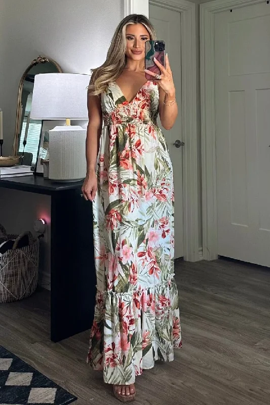 Flash Sale – Act Fast!Flash Sale – Act Fast!Ocean Blues Floral Maxi Dress: Ivory Multi