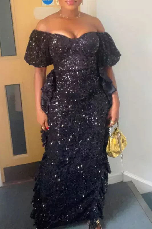 Your Chance to Save is Now!Your Chance to Save is Now!Sequined Sparkly Puff Sleeve Side Ruffles Maxi Dress