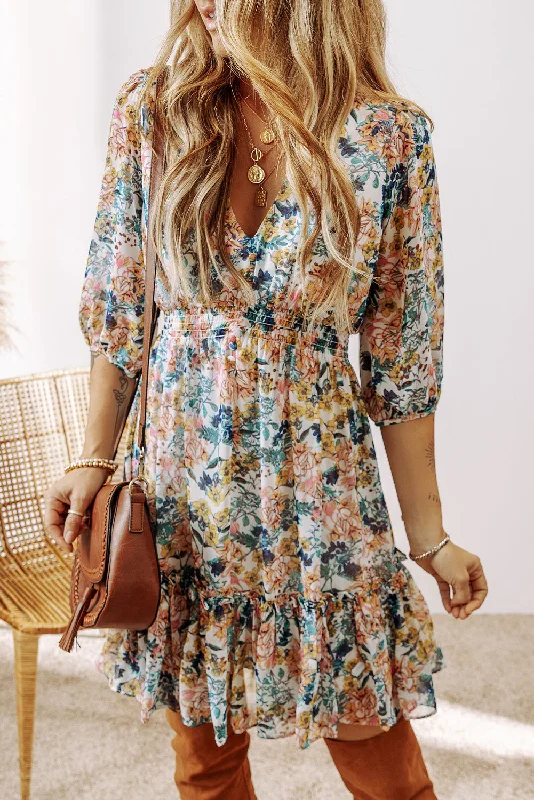 Unmissable Offers Await!Unmissable Offers Await!Floral Ruffle 3/4 Sleeve V-Neck Dress