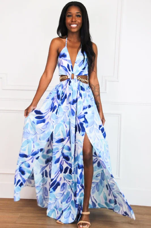 Upgrade for Less!Upgrade for Less!Summer Swirl Cutout Chain Maxi Dress: Royal Blue/White Multi