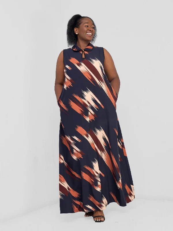 Hurry! While Supplies Last!Hurry! While Supplies Last!Asha Sleeveless Maxi Dress - Navy / Brown Print