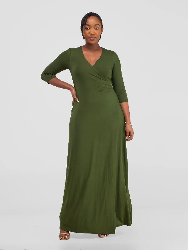 Flash Sale – Act Fast!Flash Sale – Act Fast!Basic 3/4 Sleeve A-Line Wrap Maxi Dress - Hunters