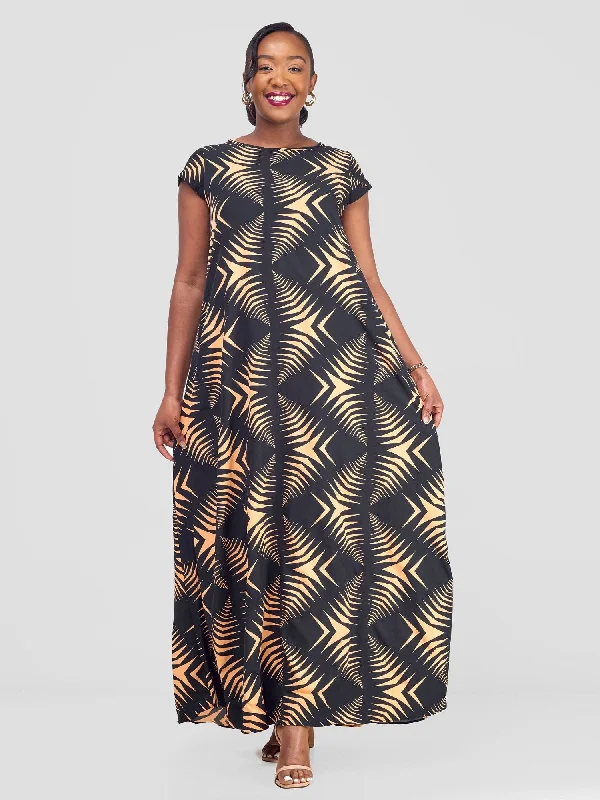 Act Fast – Limited Time Savings!Act Fast – Limited Time Savings!Basic Cap Sleeve Maxi Tent Dress - Black / Peach Print