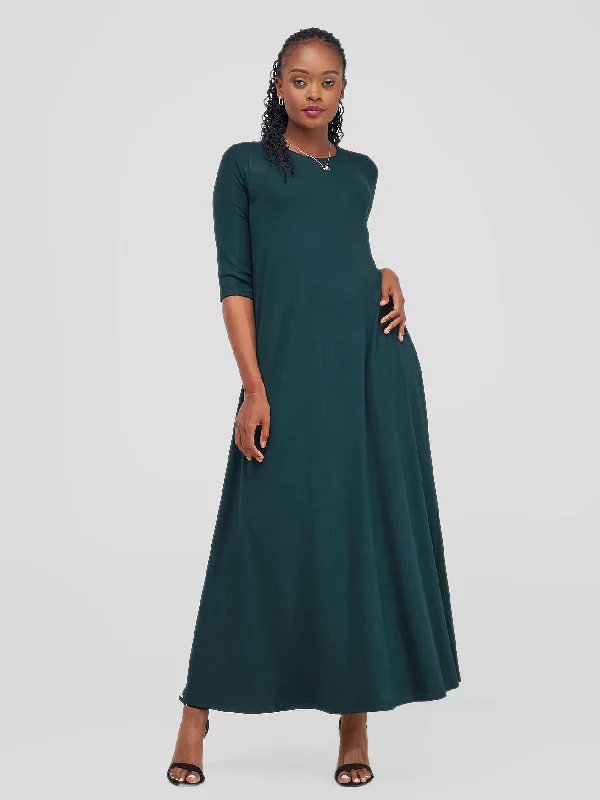 Save Money, Shop Happy!Save Money, Shop Happy!Basic Julia 3/4 Sleeve Back Pleat Maxi Dress - Dark Green