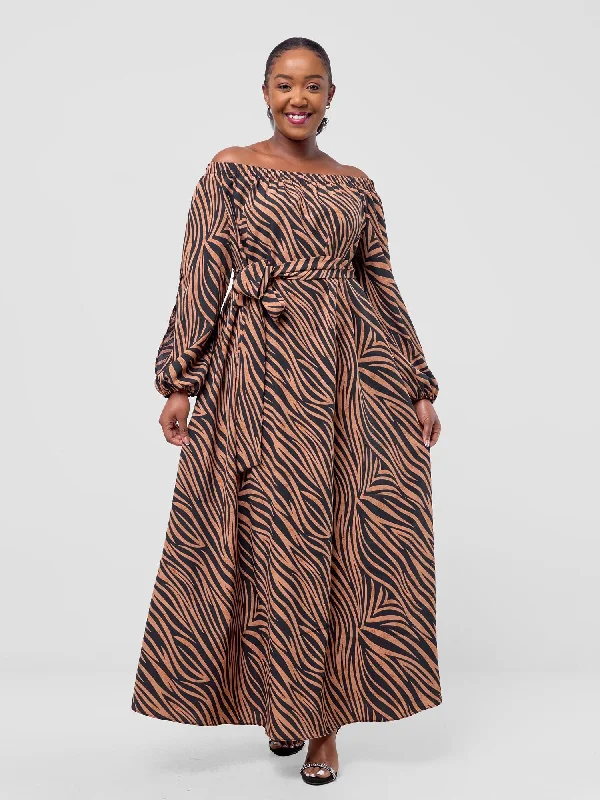 Your Shopping Wish, Our Discount Command!Your Shopping Wish, Our Discount Command!Yumi Off Shoulder Maxi Dress - Black / Brown Print