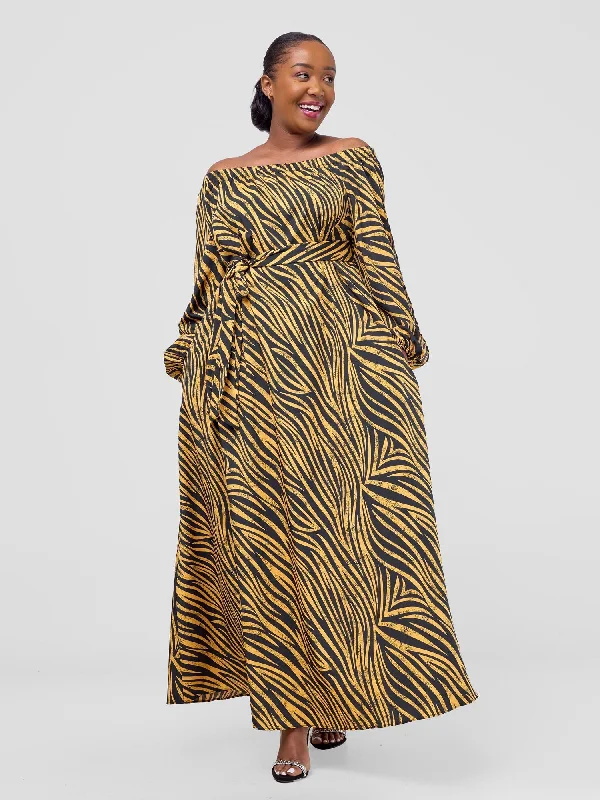 Only a Few Left – Order Now!Only a Few Left – Order Now!Yumi Off Shoulder Maxi Dress - Black / Yellow Print
