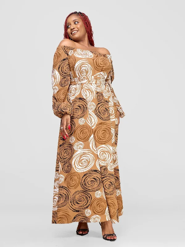 Act Fast – Limited Time Savings!Act Fast – Limited Time Savings!Yumi Off Shoulder Maxi Dress - Tan / White Print